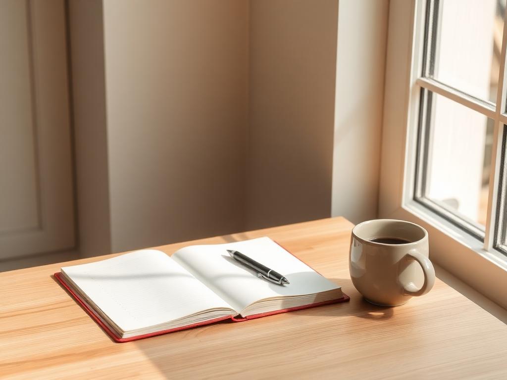 Open notebook and coffee on a sunlit wooden desk